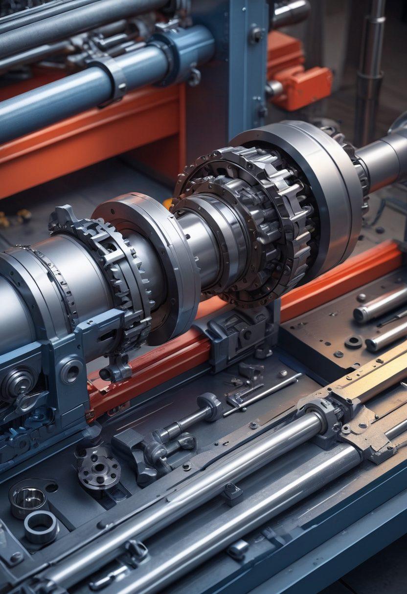 A detailed illustration of a shaft assembly in a workshop setting, highlighting intricate components like bearings, seals, and gears. Include tools such as calipers and wrenches strategically placed nearby, with a design blueprint overlaying the image, showcasing maintenance techniques. The background should be an industrial workspace with steel surfaces and subtle lighting. super-realistic. vibrant colors. 3D.