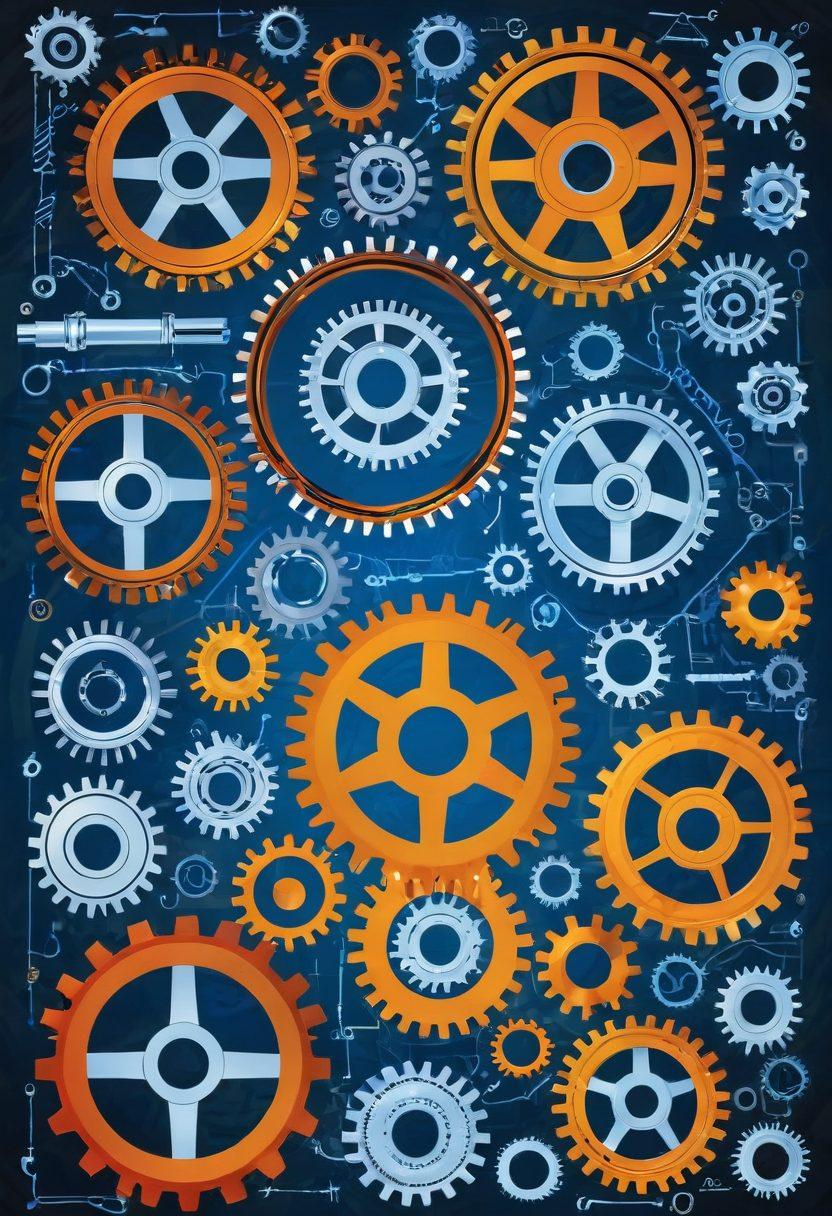 An intricate illustration of various power transmission components like gears, belts, and shafts, arranged in a dynamic composition. Include detailed annotations highlighting their functions and connections, set against a backdrop of a mechanical workshop with blueprints and tools scattered around. Emphasize the craftsmanship and precision involved in shafting. vibrant colors. vector art.