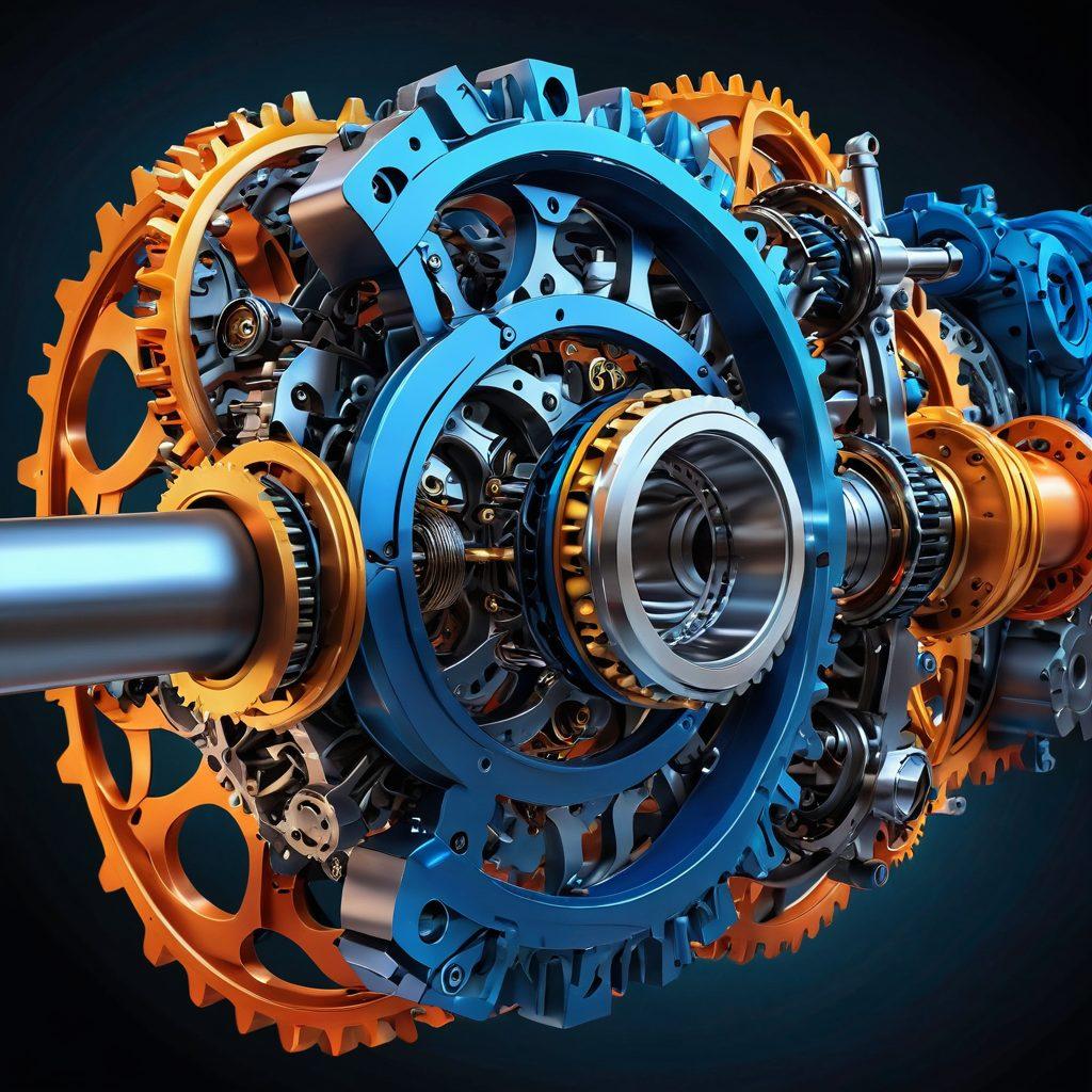 An intricate illustration showcasing a crankshaft and camshaft intertwined in a dynamic motion, surrounded by gears and mechanical components representing motion transfer. Include flowing energy lines to signify movement and innovation, with a backdrop of a futuristic workshop filled with tools and blueprints. A blend of 3D realism and vibrant colors to enhance the complexity and excitement of the subject matter. super-realistic. vibrant colors. 3D.